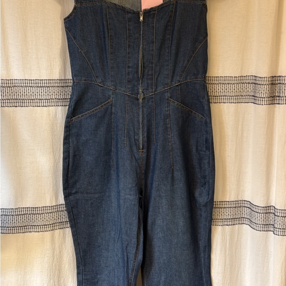 Avec Les Filles Dark Blue Women's Sweetheart-Neck Corset Zip-Up Jumpsuit